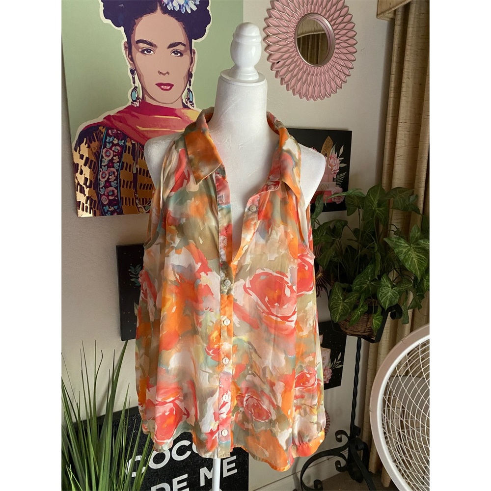 Used plus sz 3x shoulder out orange & pink blouse